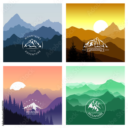 Set of mountain landscapes in different colors. Vector illustrations.