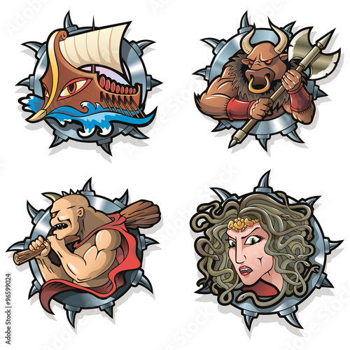 Argo, Minotaur, Cyclops and Gorgon from Greek mythology, vector illustration
