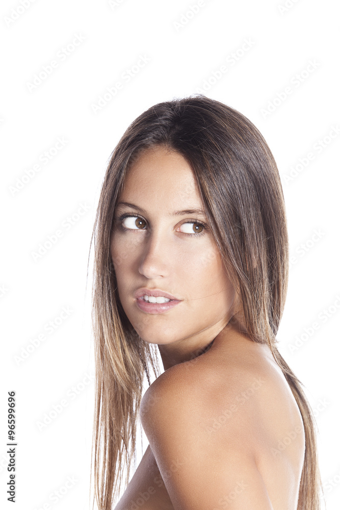 Beautiful face of young adult woman with clean fresh skin. Isolated on white background Beautiful face of young adult woman with clean fresh skin. Isolated on white background