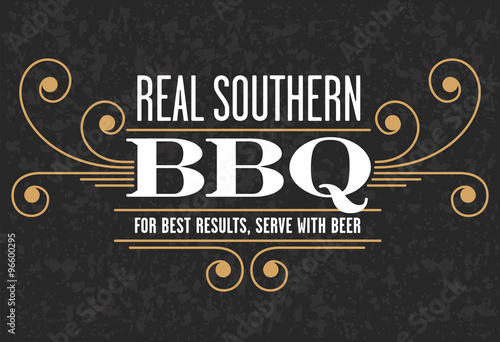Decorative Real Southern BBQ vector design with the phrase For Best Results, Serve With Beer on grunge background. Fully scalable and editable.
