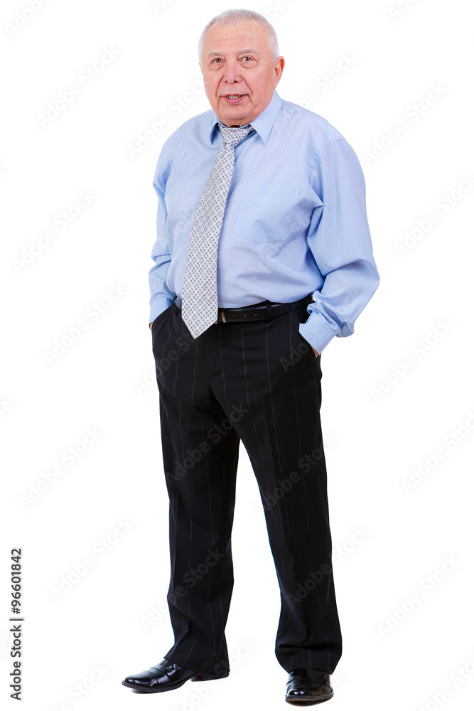 Portrait of Serious old mature businessman with tie. put hands in trouser pockets, isolated on white background. human emotion, facial expression Portrait of Serious old mature businessman with tie. put hands in trouser pockets, isolated on white background. human emotion, facial expression