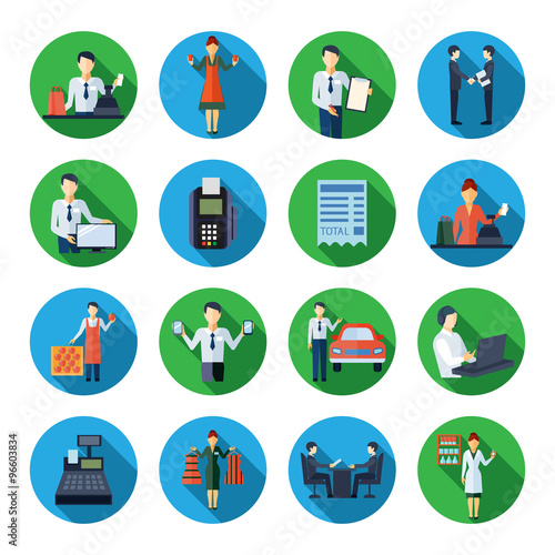 Salesman flat round icons set