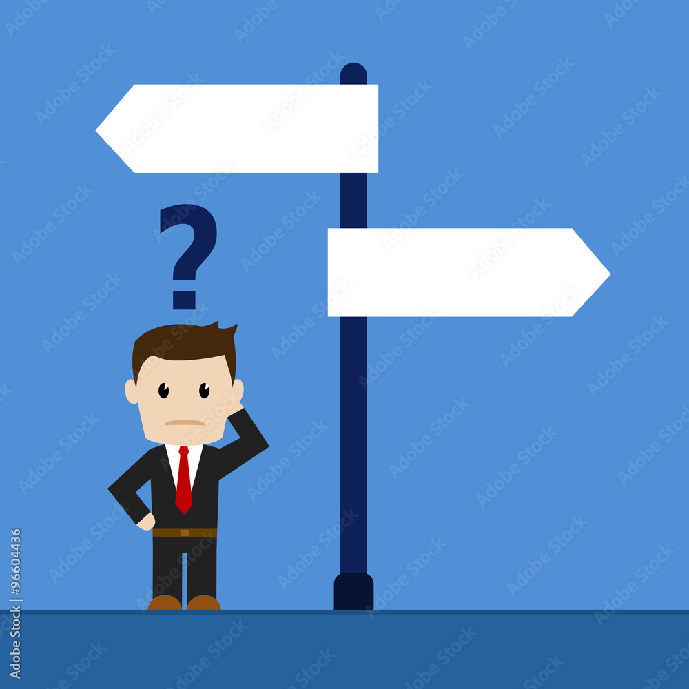 Business man with hard decision. Vector illustration. Business man with hard decision. Vector illustration.