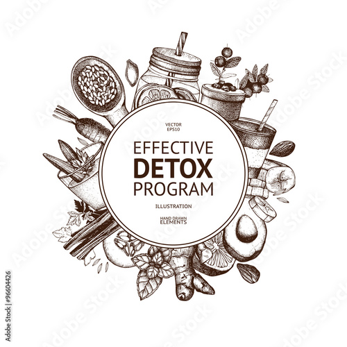 Vector frame design with hand drawn detox illustration. Organic food sketch background. Effective diet ingredients. Vintage template