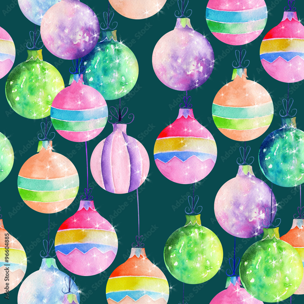 A seamless pattern with colored Christmas decorations (balls) painted in watercolor on a dark indigo background