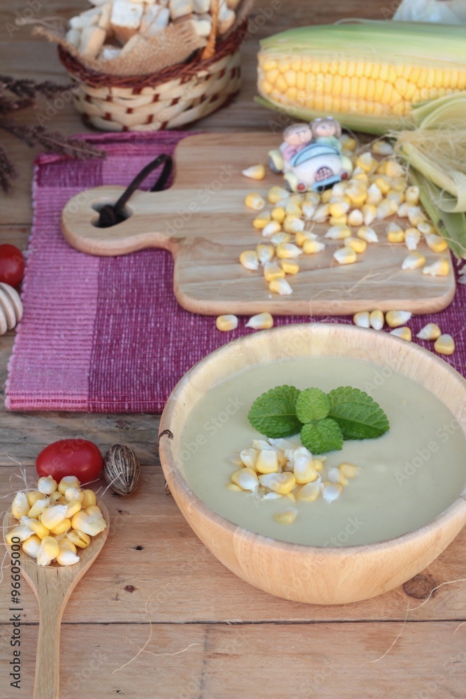 Corn soup of delicious and fresh corn . Corn soup of delicious and fresh corn .