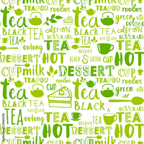 Pattern of tea party doodls. Seamless background with words.