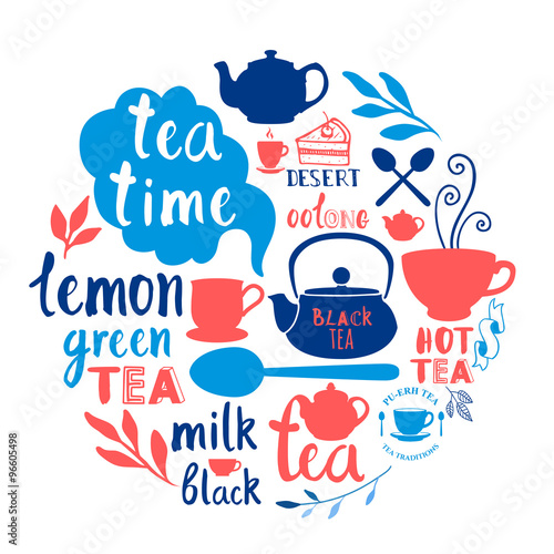 Round composition with funny tea symbols on white.