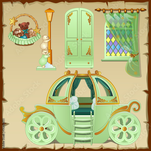 Modern interior design kids room in green tones, apartments of the little Princess
