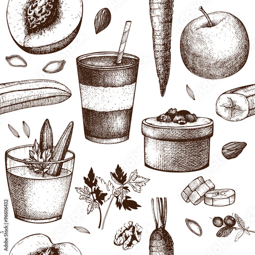 Seamless pattern with ink hand drawn diet elements sketch. Vintage healthy food and detox program background.