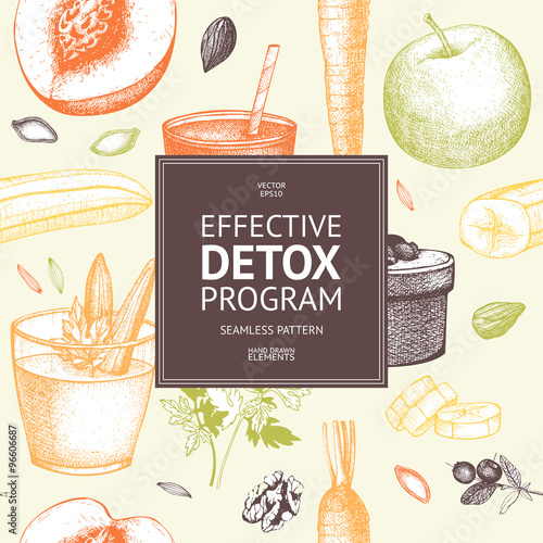 Seamless pattern with ink hand drawn diet elements sketch. Vintage healthy food and detox program background.