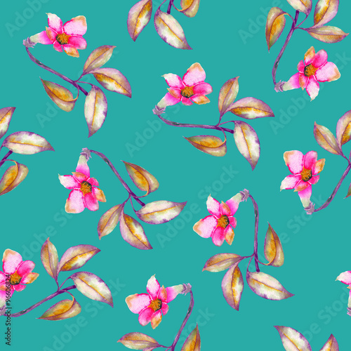 A seamless pattern with the watercolor crimson and scarlet small exotic flowers, hibiscus on a turquoise background