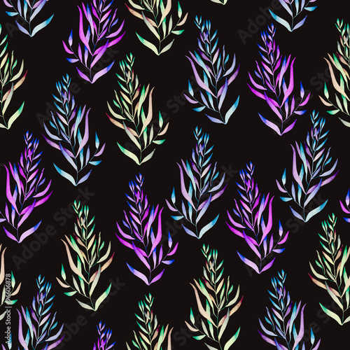 A floral pattern with the green, brown, bright purple and blue watercolor plants, seaweeds on a black background