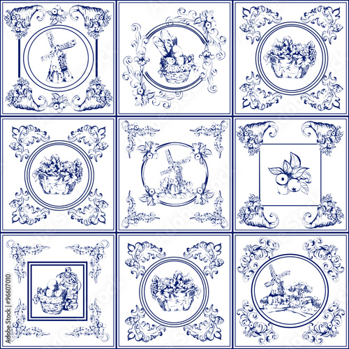 Famous delft blue tiles icons collection
