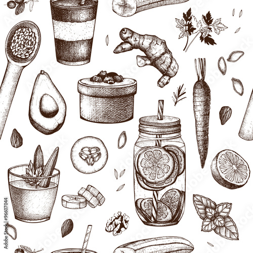 Seamless pattern with ink hand drawn diet elements sketch. Vintage healthy food and detox program background.