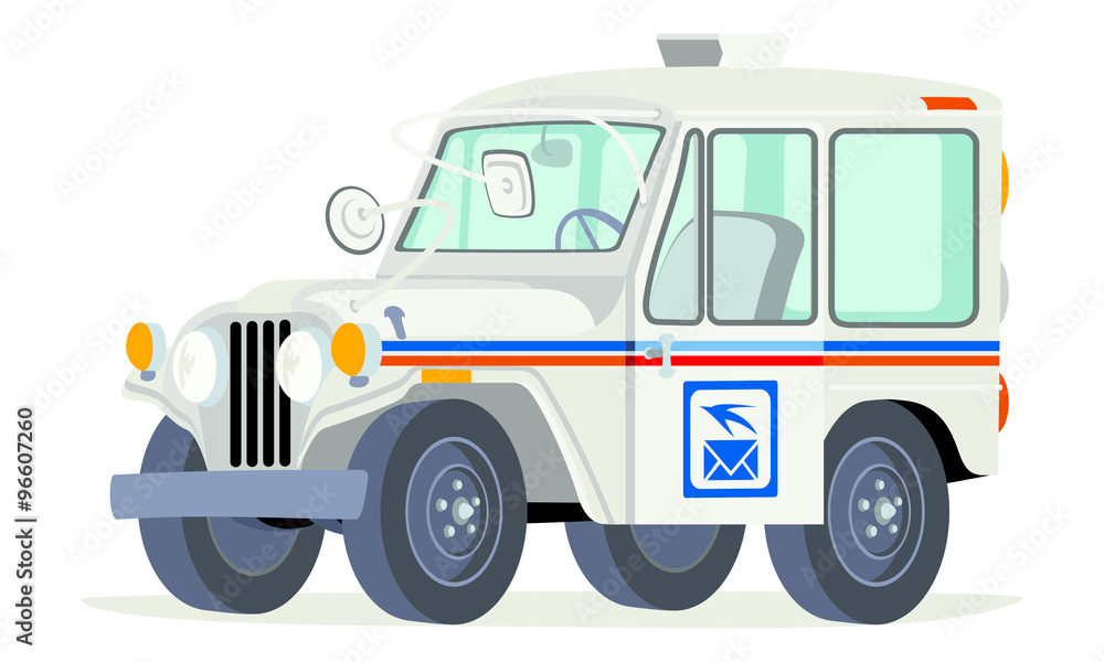 Caricatura Willys Jeep CJ5 US Mail blanco vista frontal y lateral
