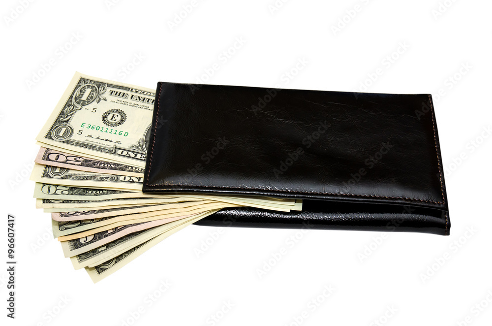 black purse with dollars isolated on white background black purse with dollars isolated on white background
