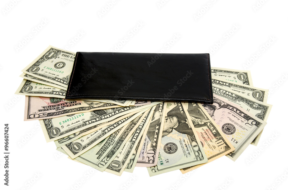 black purse with dollars isolated on white background black purse with dollars isolated on white background