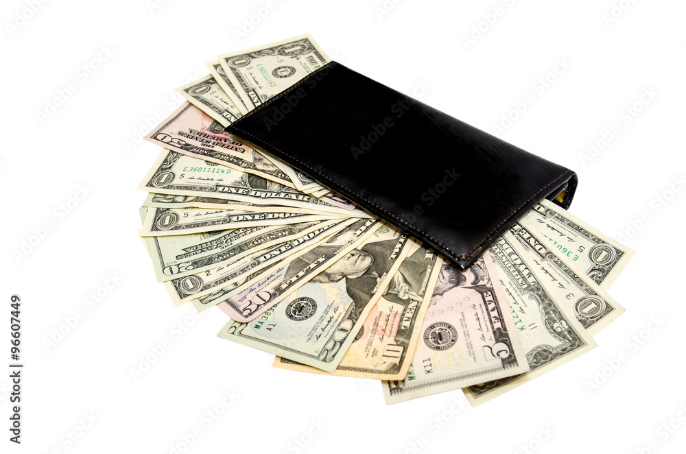 black purse with dollars isolated on white background black purse with dollars isolated on white background