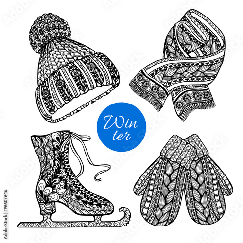 Decorative skates mittens scarf doodle icons