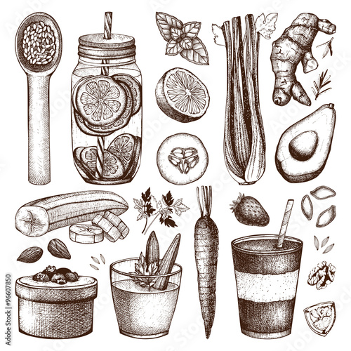 Collection of ink hand drawn diet sketch. Vintage healthy food illustration. Detox program elements collection