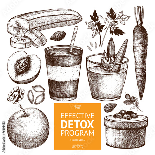 Vector collection of ink hand drawn diet sketch. Vintage healthy food illustration. Detox program elements collection
