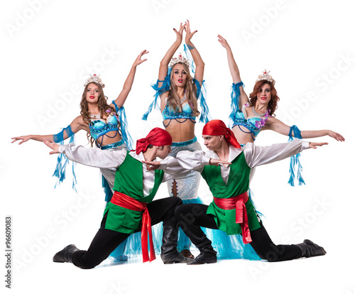 Fototapeta Naklejka Na Ścianę i Meble -  Carnival dancer team dressed as mermaids and pirates.  Isolated on white background in full length