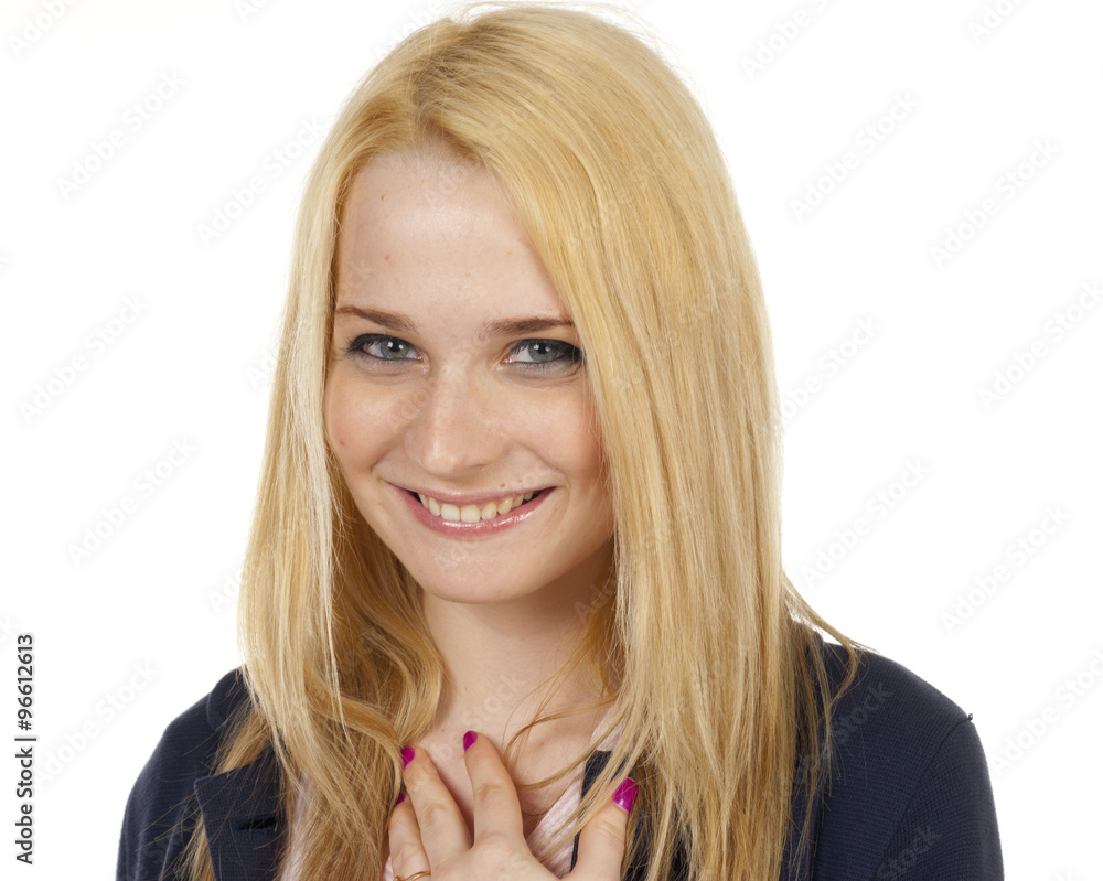 Naklejka premium Smiling Woman Hands on Chest