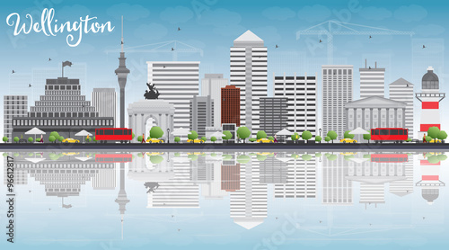 Wellington skyline with grey buildings, blue sky and reflections. Some elements have transparency mode different from normal