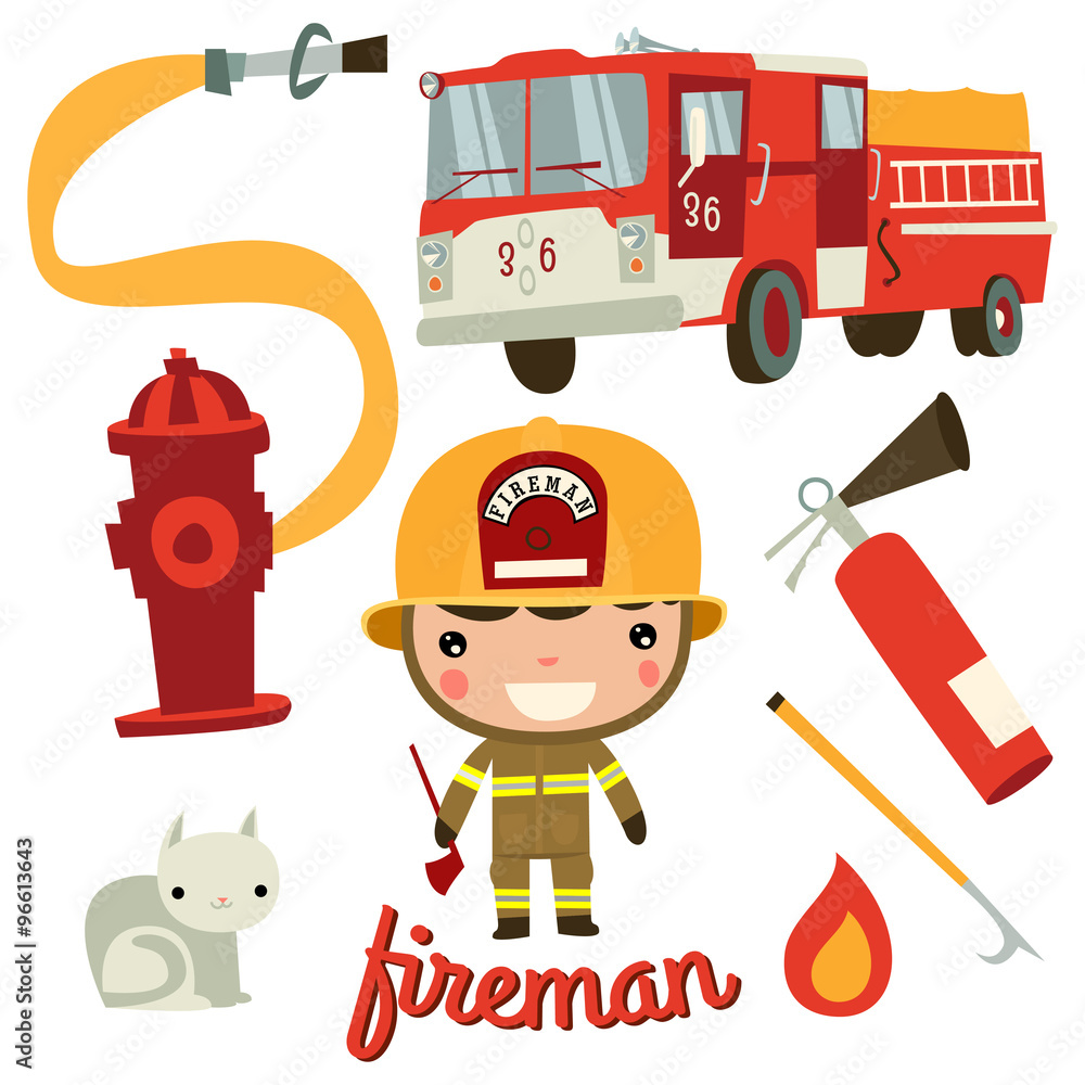 Naklejka premium cute fireman kid. firefighter profession.