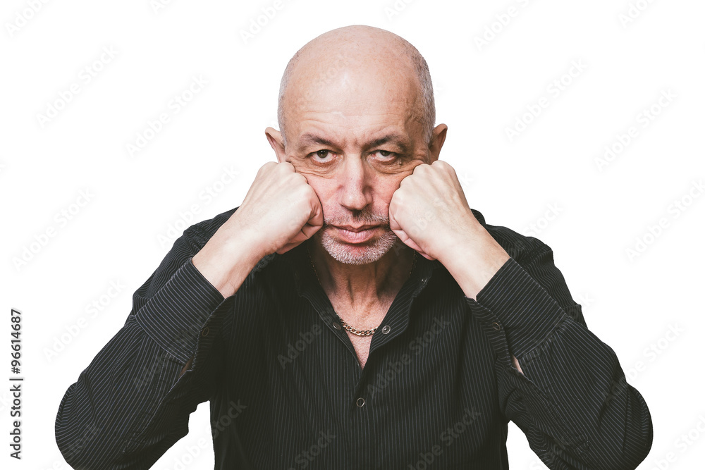 Senior man thinking relying on his hands looking into the camera isolated on white Senior man thinking relying on his hands looking into the camera isolated on white