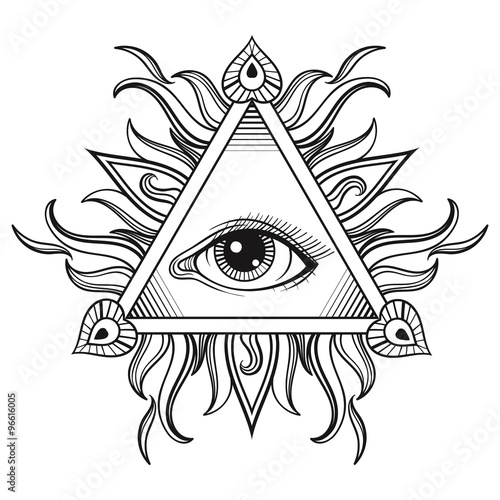 Vector All seeing eye pyramid symbol in tattoo engraving design.