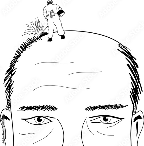 Lawn-mower shave bald man comic vector illustration