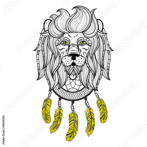 Fototapeta Naklejka Na Ścianę i Meble -  Vector ornamental Lion with dreamcatcher, ethnic patterned head.