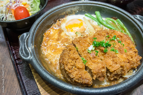 Deep Fired pork boiled with fresh egg top on the rice bowl. basic Japanese food
