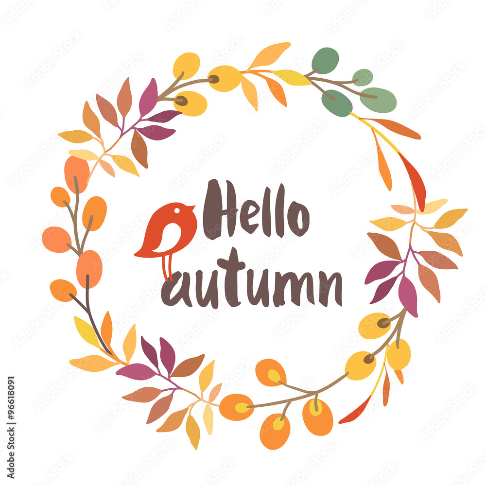 Wreath with bird. Autumn colors. Hello autumn. Wreath with bird. Autumn colors. Hello autumn.