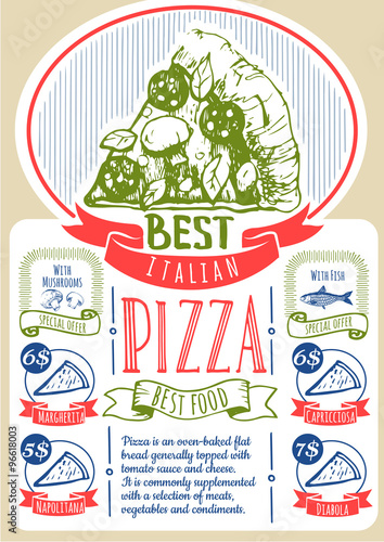 Vector illustration with pizza menu. Pizza Poster. 