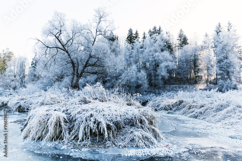 Winter landscape, river under the ice