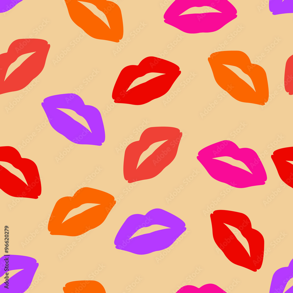 simless pattern. Image of bright colored lips on a yellowish background located in the scatter. simless pattern. Image of bright colored lips on a yellowish background located in the scatter.