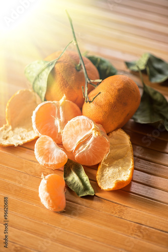 Ripe tangerines on wooden