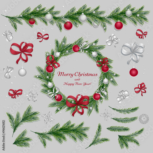 Set of christmas decorations: balls, ribbons, stars and abstract elements. Christmas wreath. Christmas pine twigs and spruce branches. Christmas border. Red and silver colors. Vector, EPS 10.