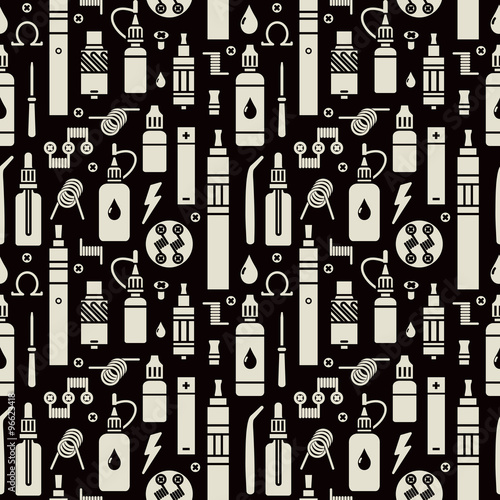 Vector seamless pattern for vape shop and vapor bar, e-cigarette and e-liquid store, isolated print on black background