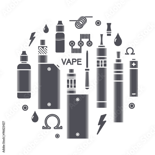 Set of vector black silhouette icons and design elements for vape shop and vapor bar, e-cigarette and e-liquid store, isolated on white background