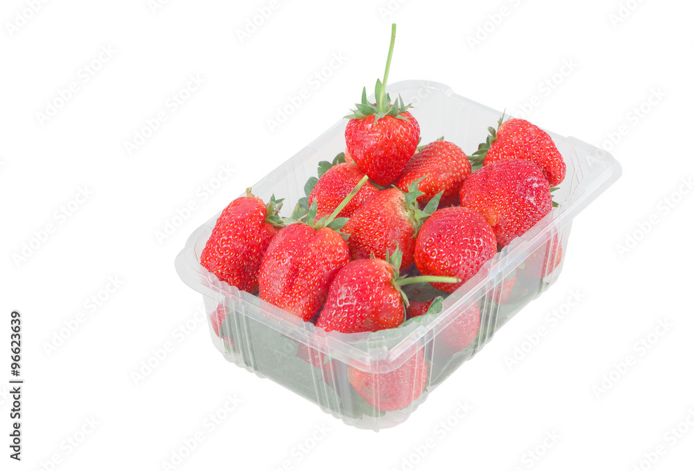 Strawberries in plastic box isolated on white background Strawberries in plastic box isolated on white background