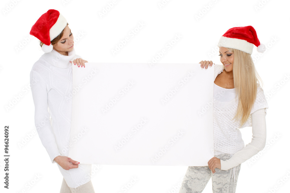 Young women with empty board for the text. Young women with empty board for the text.