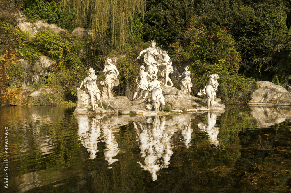 Caserta Royal Palace ,statues and reflections in the gardens of the Palace, Italy