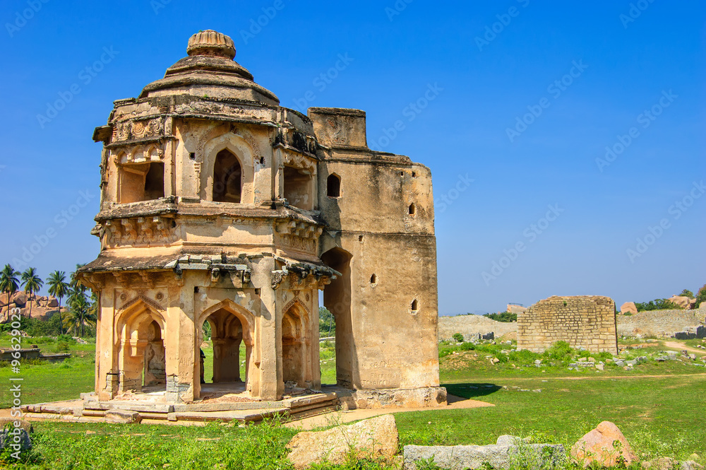 Band Tower with ancient ruins in Hampi, Karnataka, India