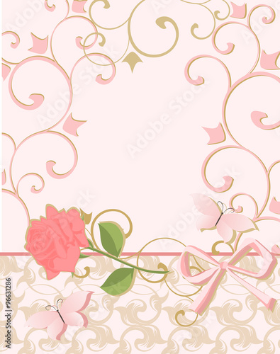 Background in pink colors with rose and butterfly.