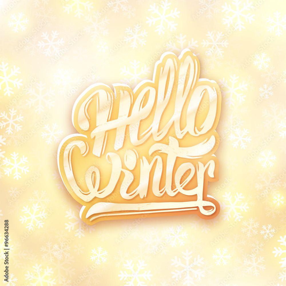 Hello winter golden typography label. Greeting card