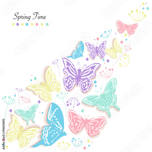Butterflies design and abstract flowers spring time greeting card vector background